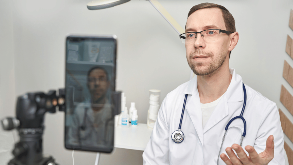 Nurse or healthcare customer service in healthcare answering a call