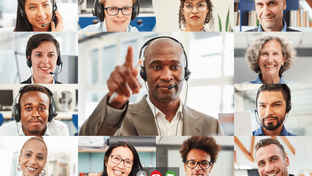 Remote workers having a company-wide meeting