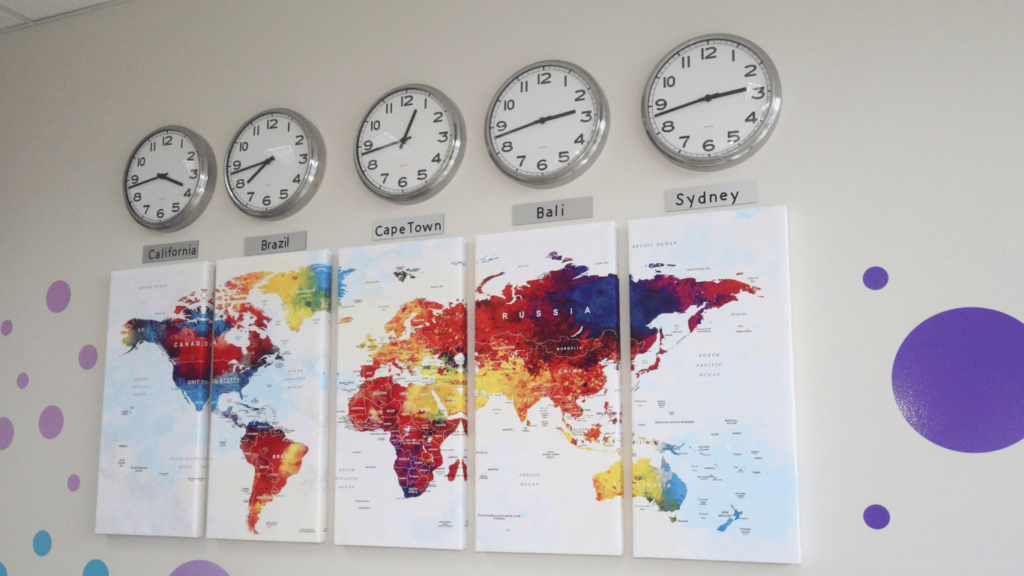 Team hard at work with world clocks in the background