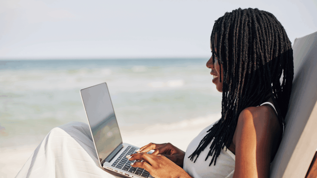 Fully remote workers working from a beach or cafe