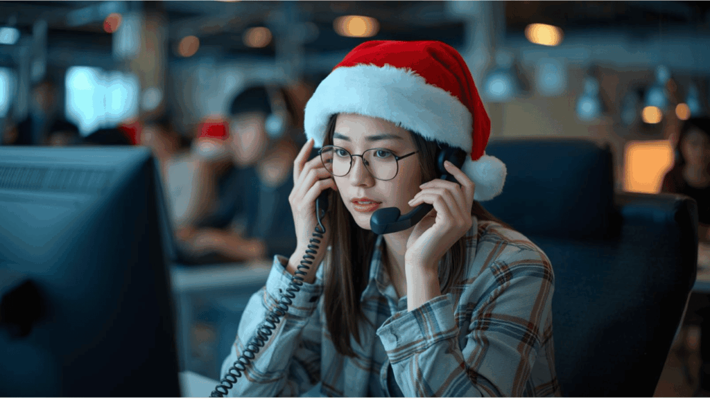 Customer support agent on the phone wearing a santa hat