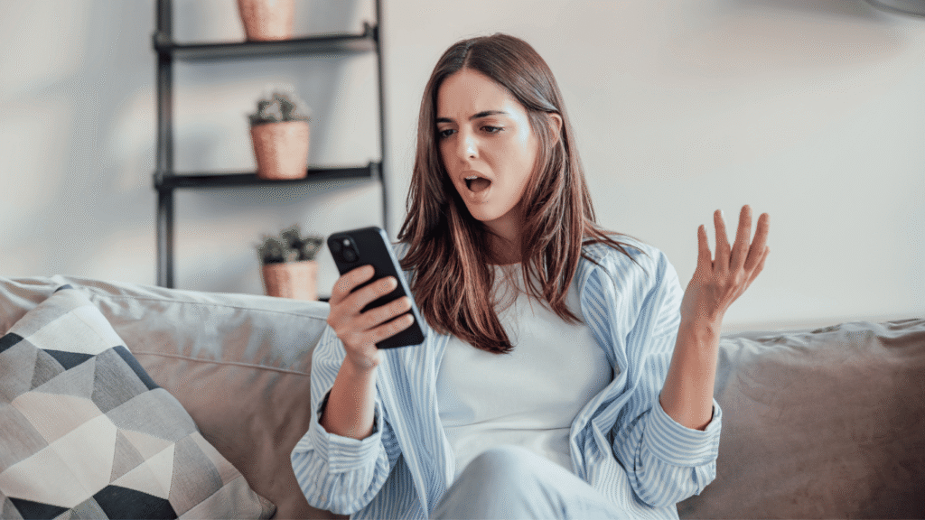 Frustrated online customer while making a purchase and deciding to share customer feedback