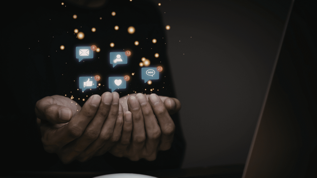 Customer representative hands juggling icons of multiple channels