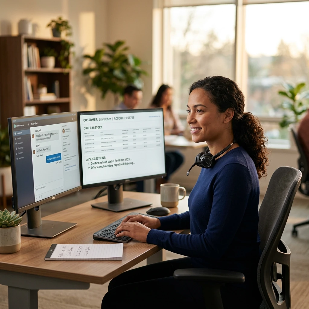 Human customer support agent checking context provided by AI